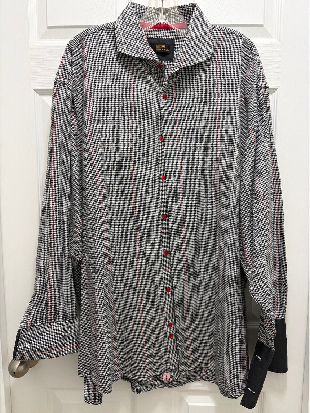 Steven Land Vintage Y2K Mens Button-Up Shirt Black White Houndstooth Red Accents